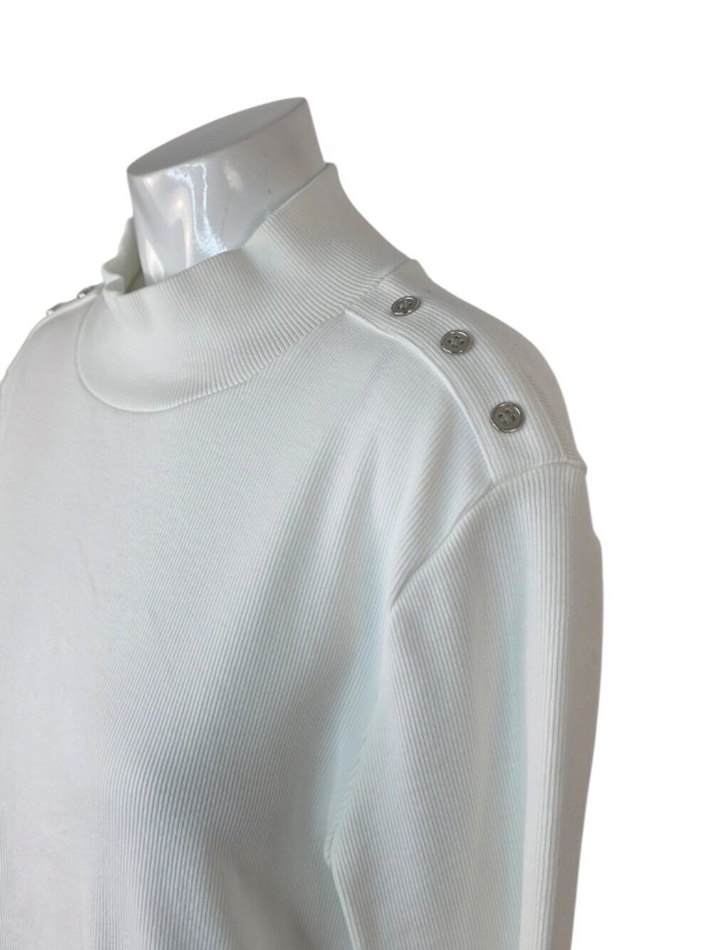Veronica Beard Ribbed Long Sleeve Mock Neck Top, White, Button Detail, Size XL - Picture 8 of 10